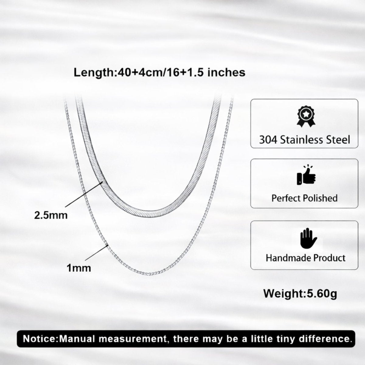 Infographic showing the Kouvr layered necklace specifications, including its 40cm plus 4cm length, 2.5mm and 1mm chain widths, and features like 304 stainless steel and handmade quality.