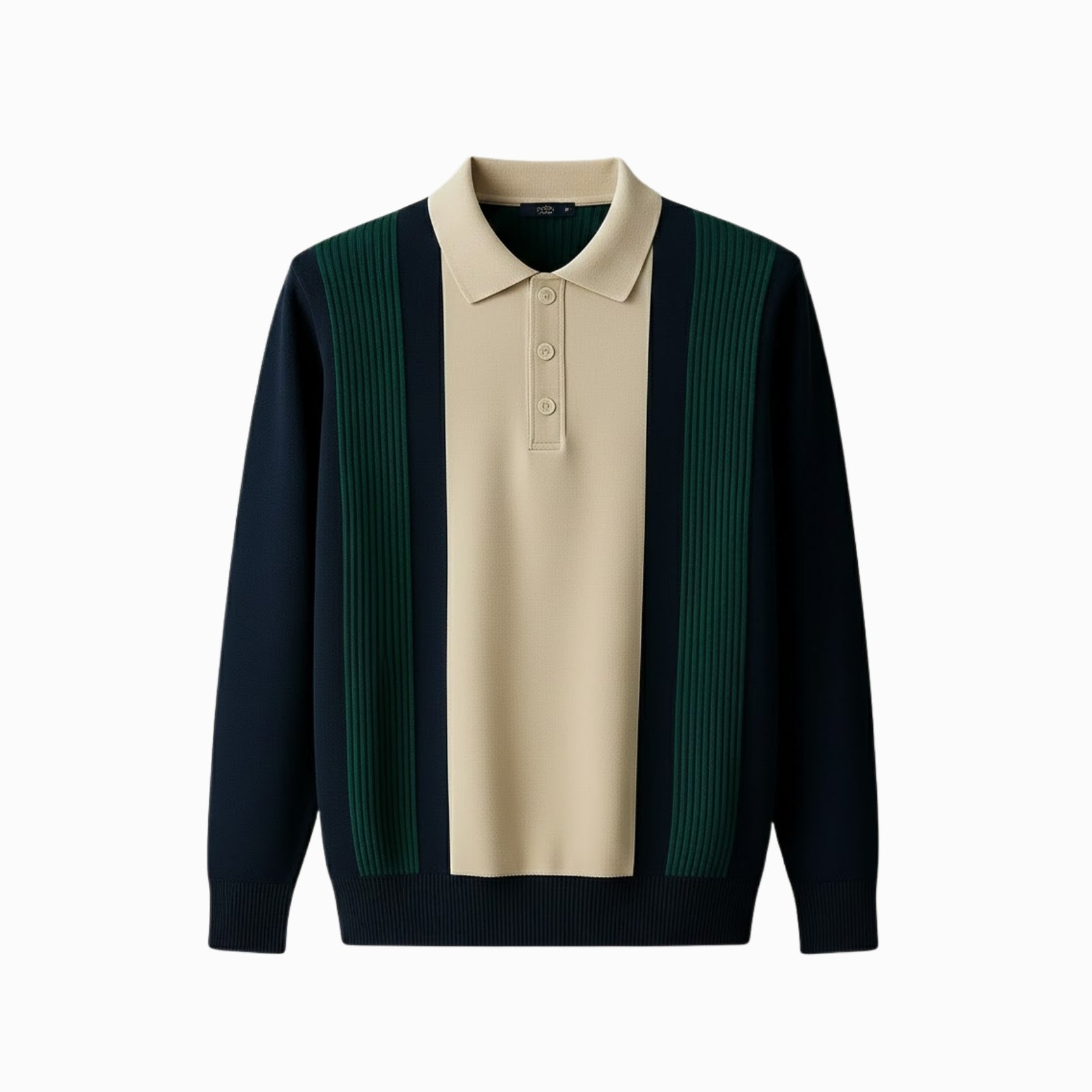 Flat lay of the Kouvr Leandro colorblock polo sweater showing the texture of the ribbed knit and mother-of-pearl buttons.