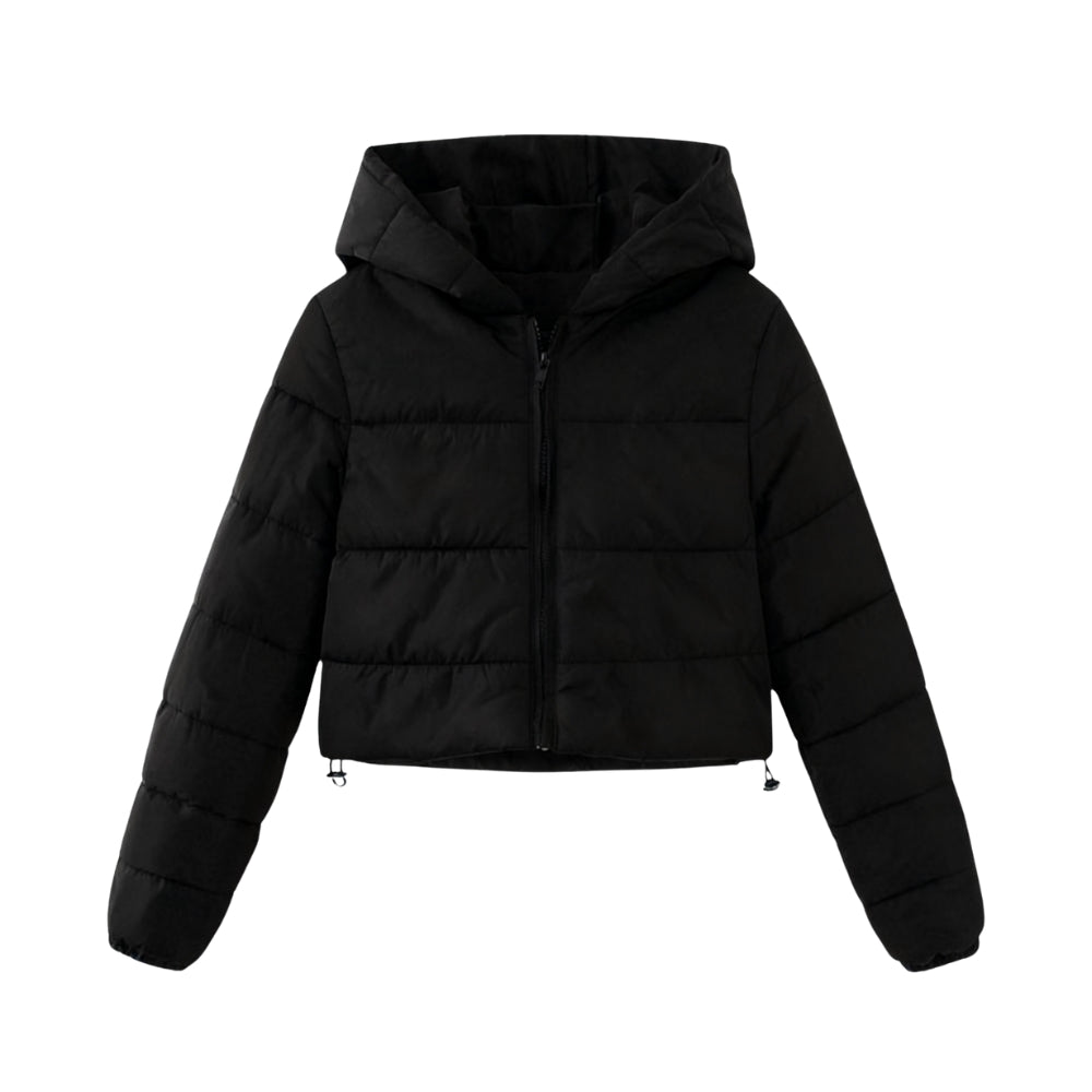 Black Kouvr puffer jacket with a hood on a white background