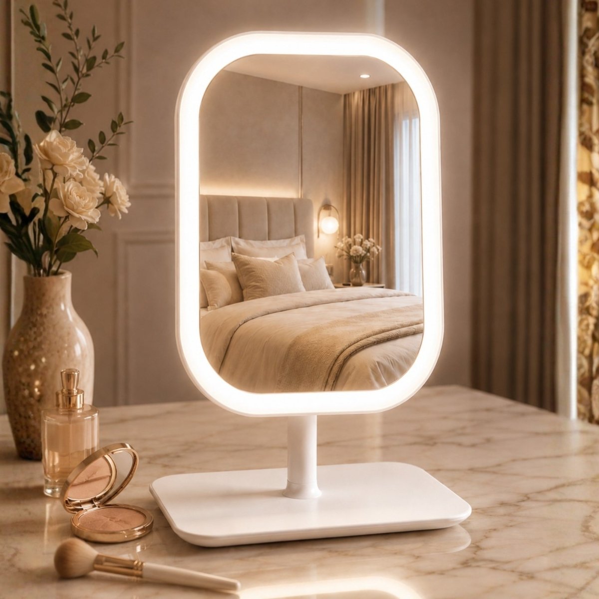 Kouvr white LED makeup mirror with a modern rounded rectangular lighted frame illuminated in a warm bedroom setting on a marble table with cosmetic palettes.