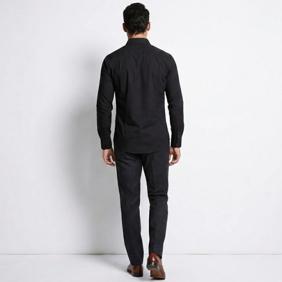 Back view of the Kouvr Leland Slim Fit Black Shirt highlighting the tailored darts.