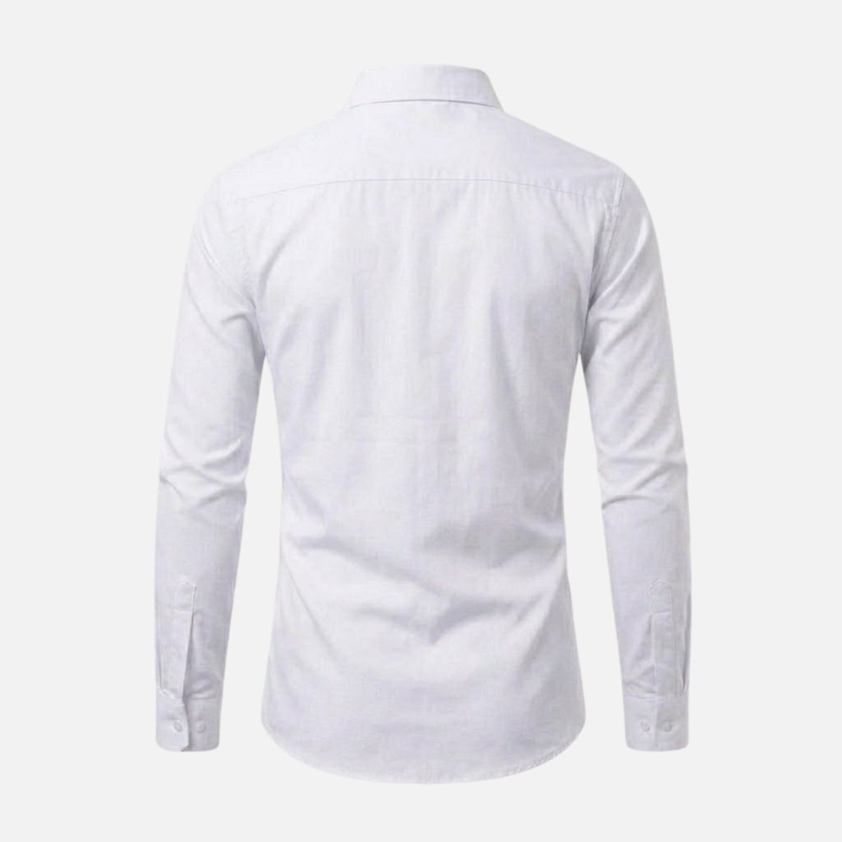 Back view of the Kouvr long-sleeve white dress shirt laid flat, showing the yoke and tailored back panel.