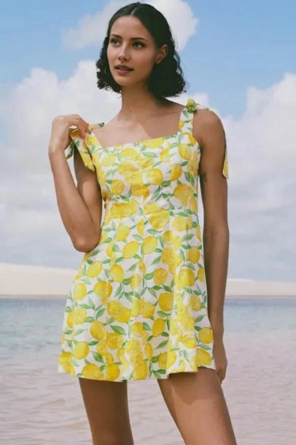 Lemon Print Tie Shoulder Mini Dress | Square Neck Italian Summer Sundress | Yellow A-Line Fit & Flare Vacation Dress in Linen Blend | Kouvr Lemon Print Tie Shoulder Mini Dress | Square Neck Italian Summer Sundress | Yellow A-Line Fit & Flare Vacation Dress in Linen Blend | Kouvr