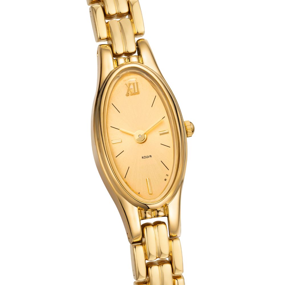 Gold kouvr watch with a white background