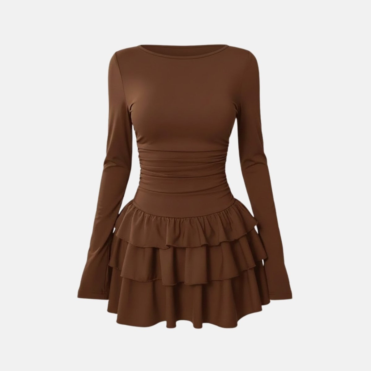 Flatlay product shot of the front of the Kouvr Leona brown tiered ruffle mini dress.