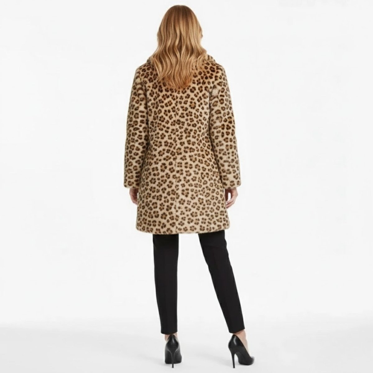 Back view of the Kouvr Fashion women's leopard print coat showing the full pattern and silhouette.
