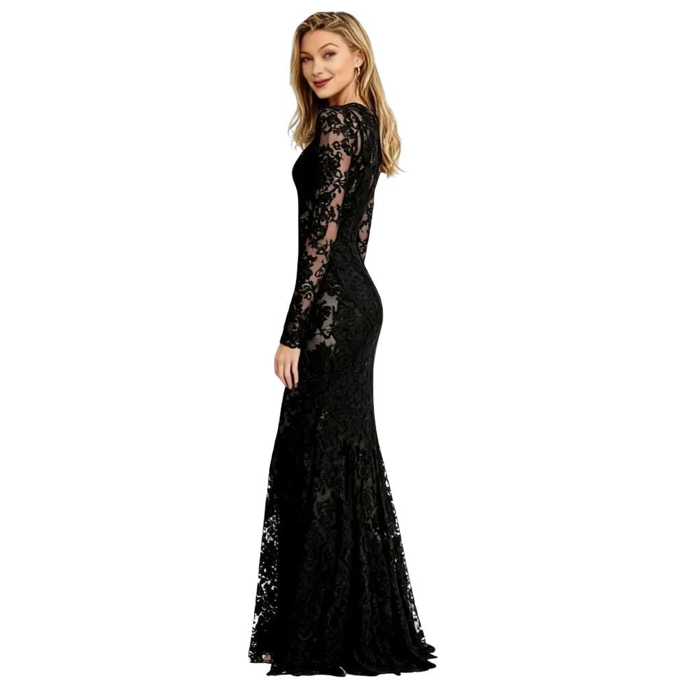 Black kouvr lace evening gown on a white background