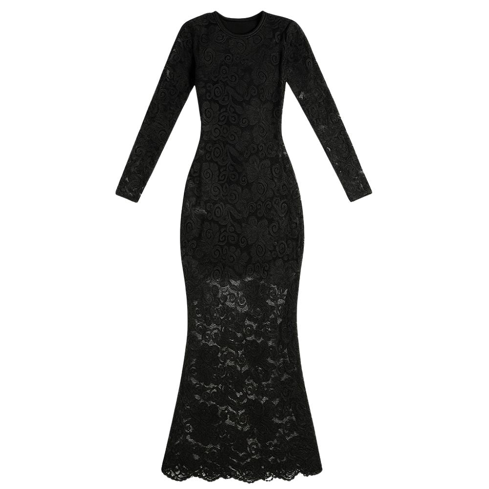 Black kouvr lace dress on a white background