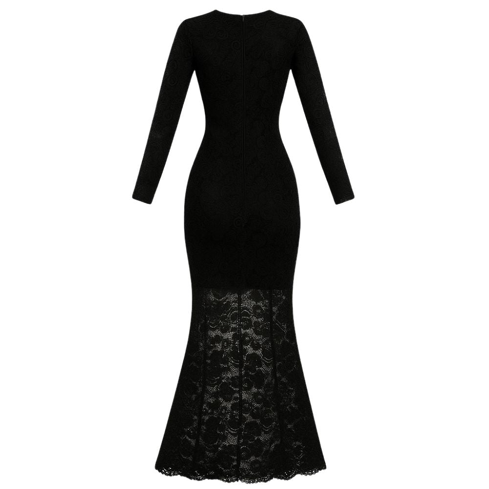 Black kouvr long-sleeve dress with lace detailing on a white background