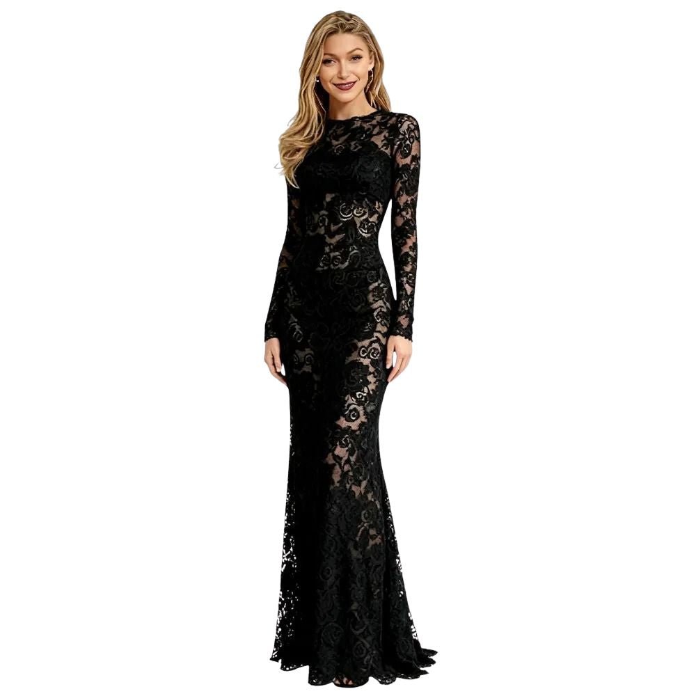 Black kouvr lace evening gown on a white background