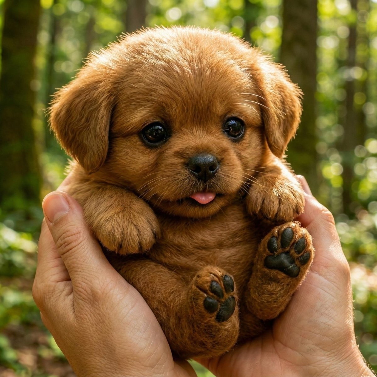 A person's hands gently holding a small, hyper-realistic brown toy poodle puppy with large glossy eyes and its tongue slightly out.