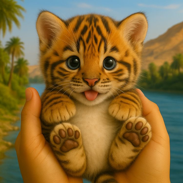 The Kouvr interactive robot tiger cub, a small and lifelike animatronic toy with orange and black stripes and big blue eyes, sitting and looking forward.