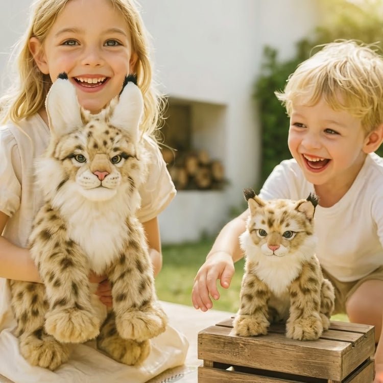 Happy young girl and boy playing outdoors with large and small Kouvr realistic lynx stuffed animals.