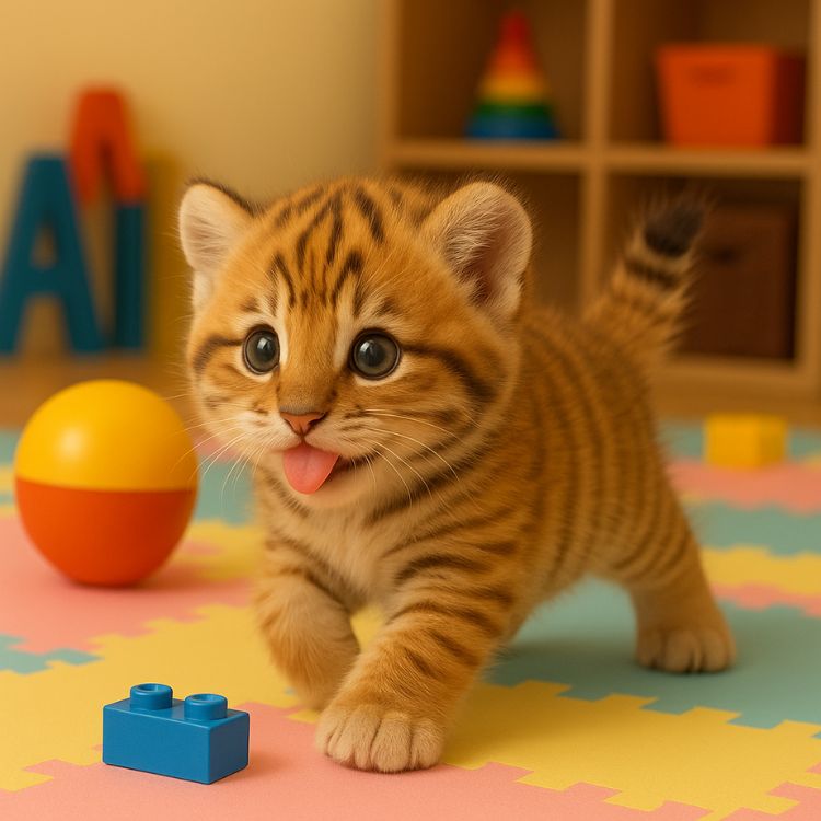 The Kouvr interactive robot tiger cub playing and running in the playroom with lots of toys around.
