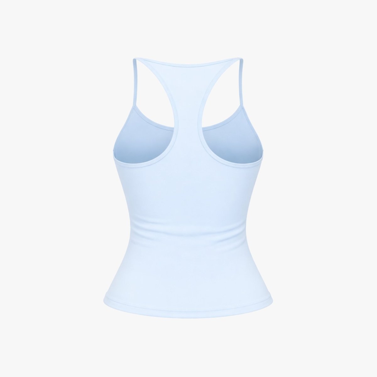Flat lay back view of Kouvr light blue workout tank top highlighting Y-back strap construction.