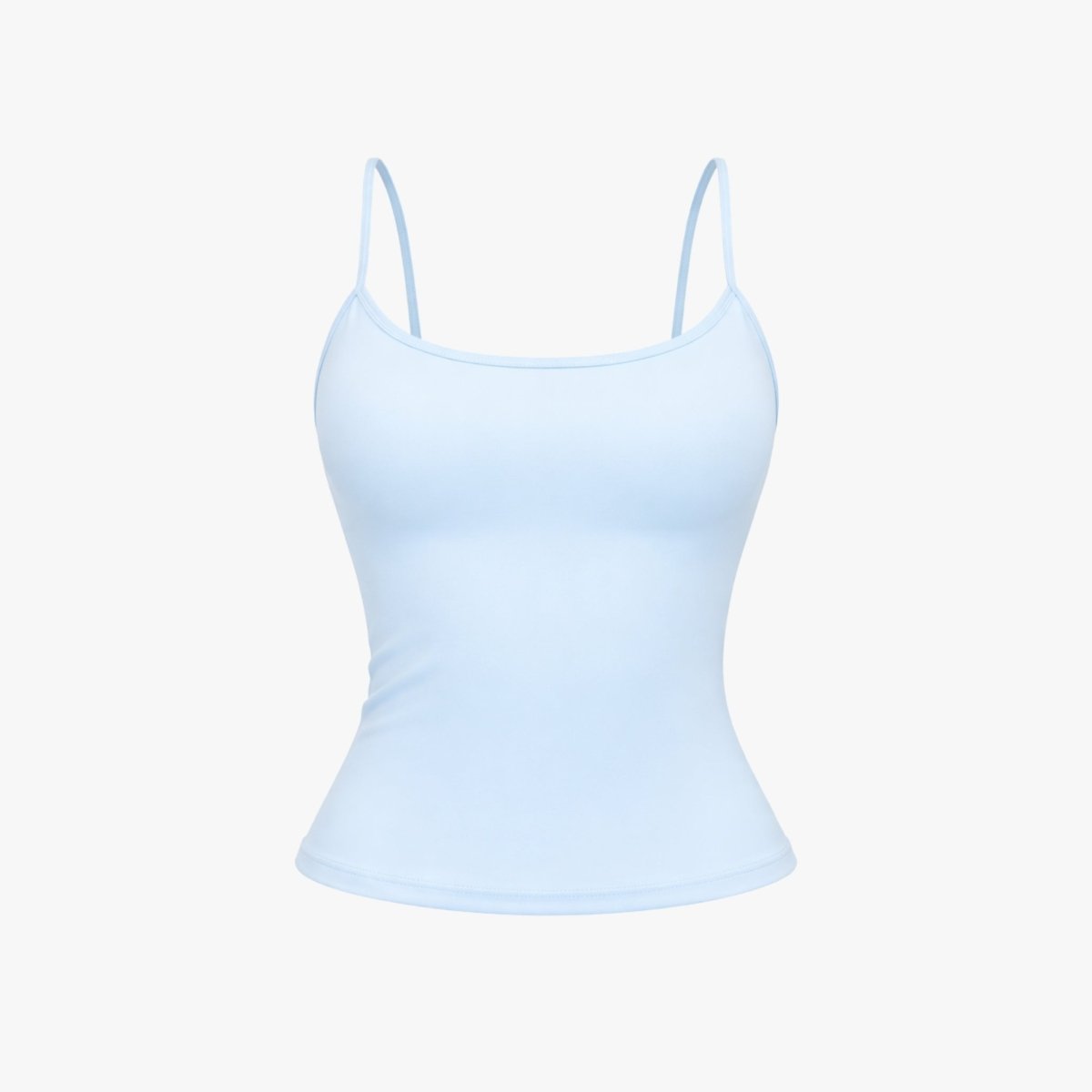 Flat lay front view of Kouvr light blue workout tank top highlighting scoop neckline and matte fabric.