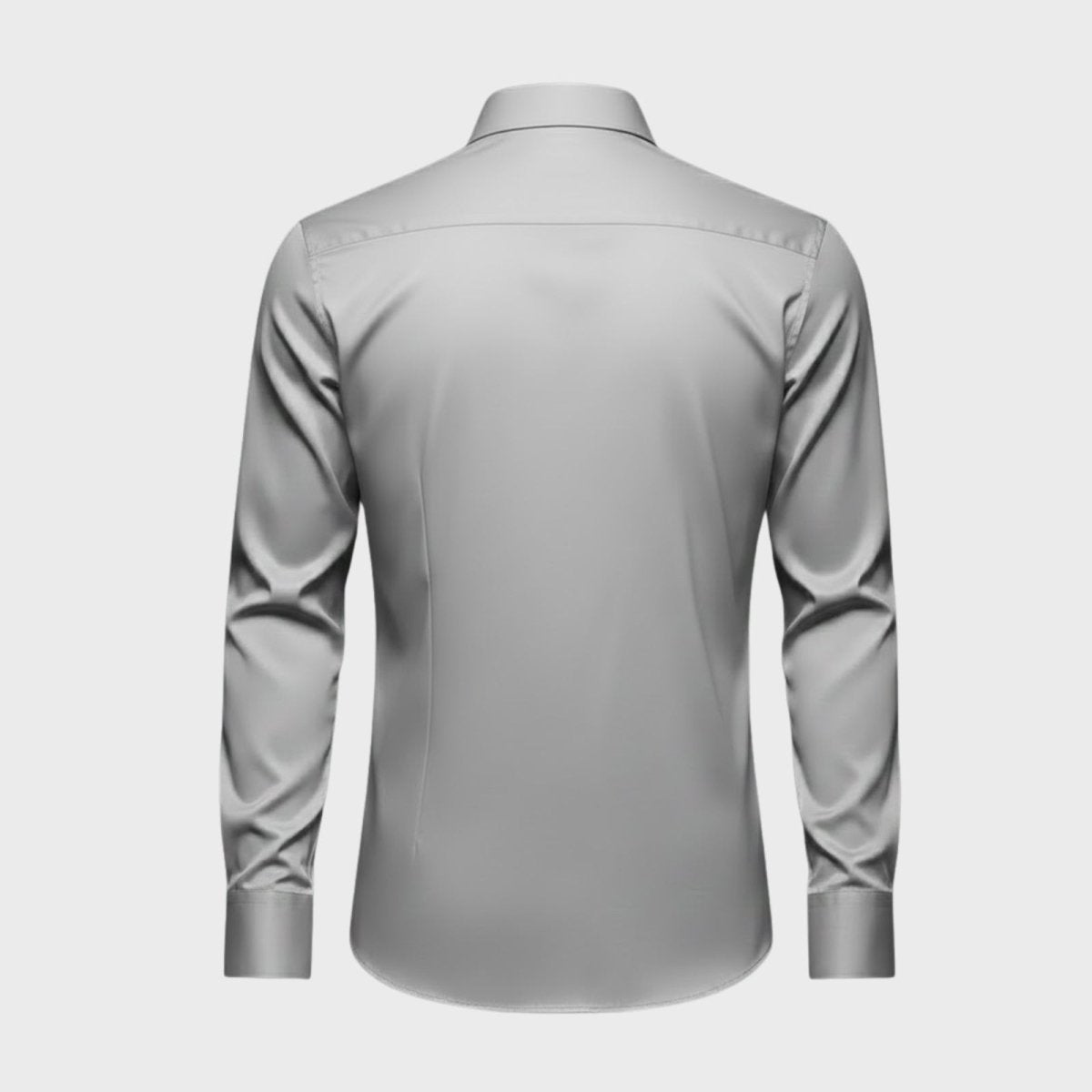 Back view product shot of the Kouvr men's slim fit light grey dress shirt highlighting the fabric and construction.