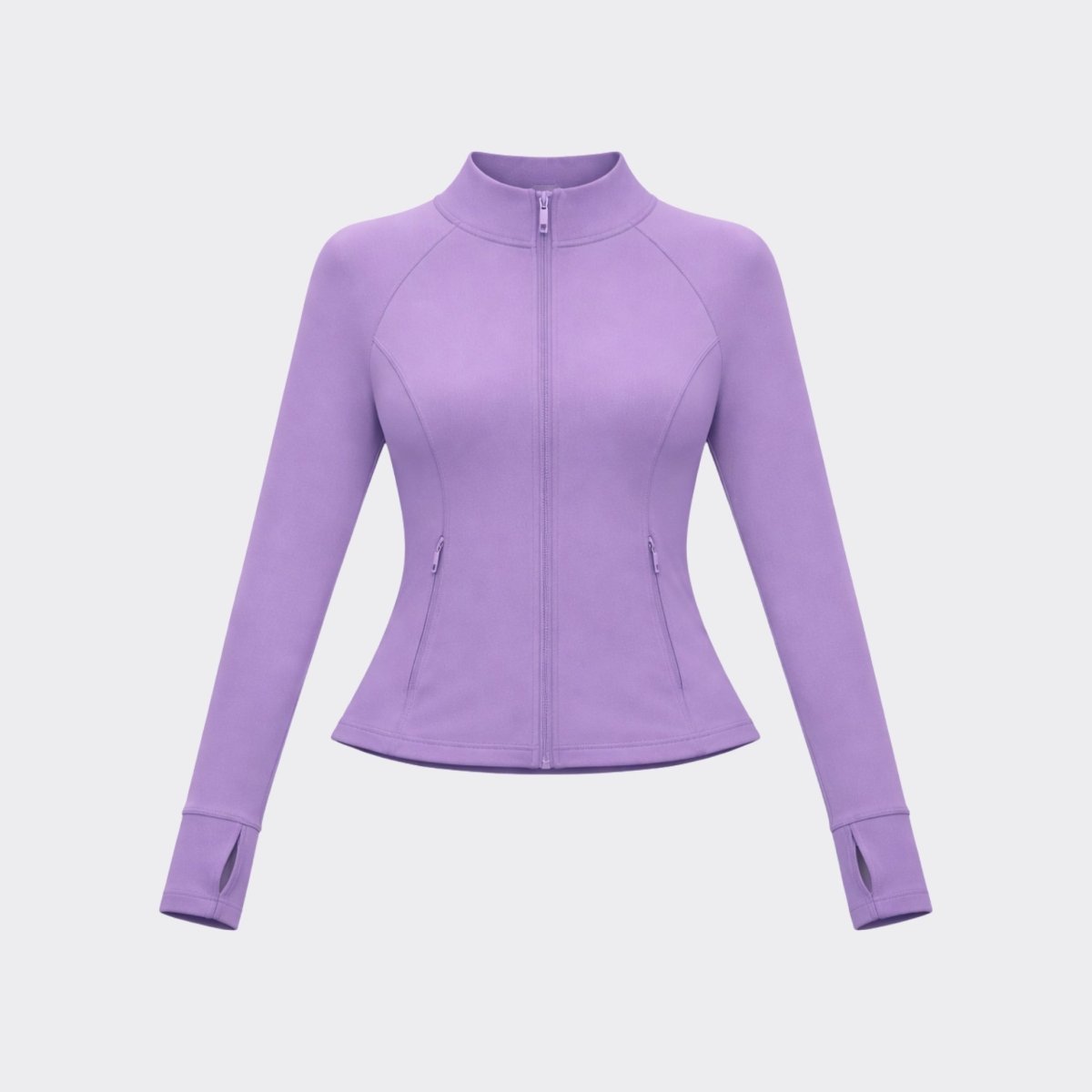 Flat lay front view of unstyled light purple zip-up running jacket with mock neck and invisible zip pockets.