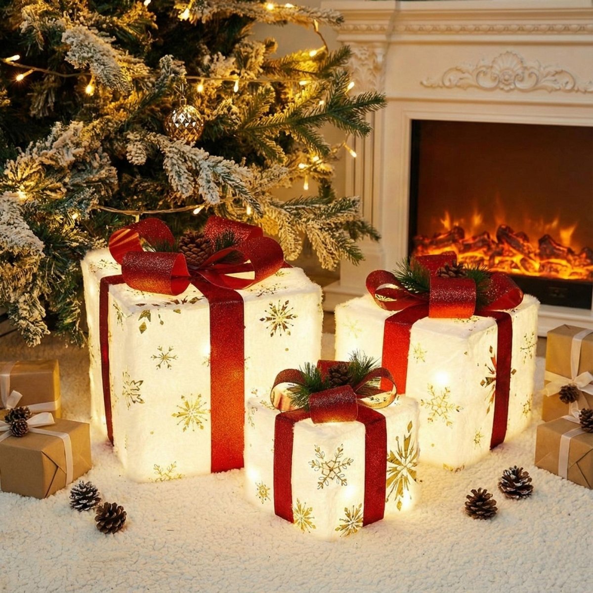Set of three illuminated Christmas gift boxes with red bows and gold snowflakes, creating a warm, festive glow next to a decorated tree and cozy fireplace.