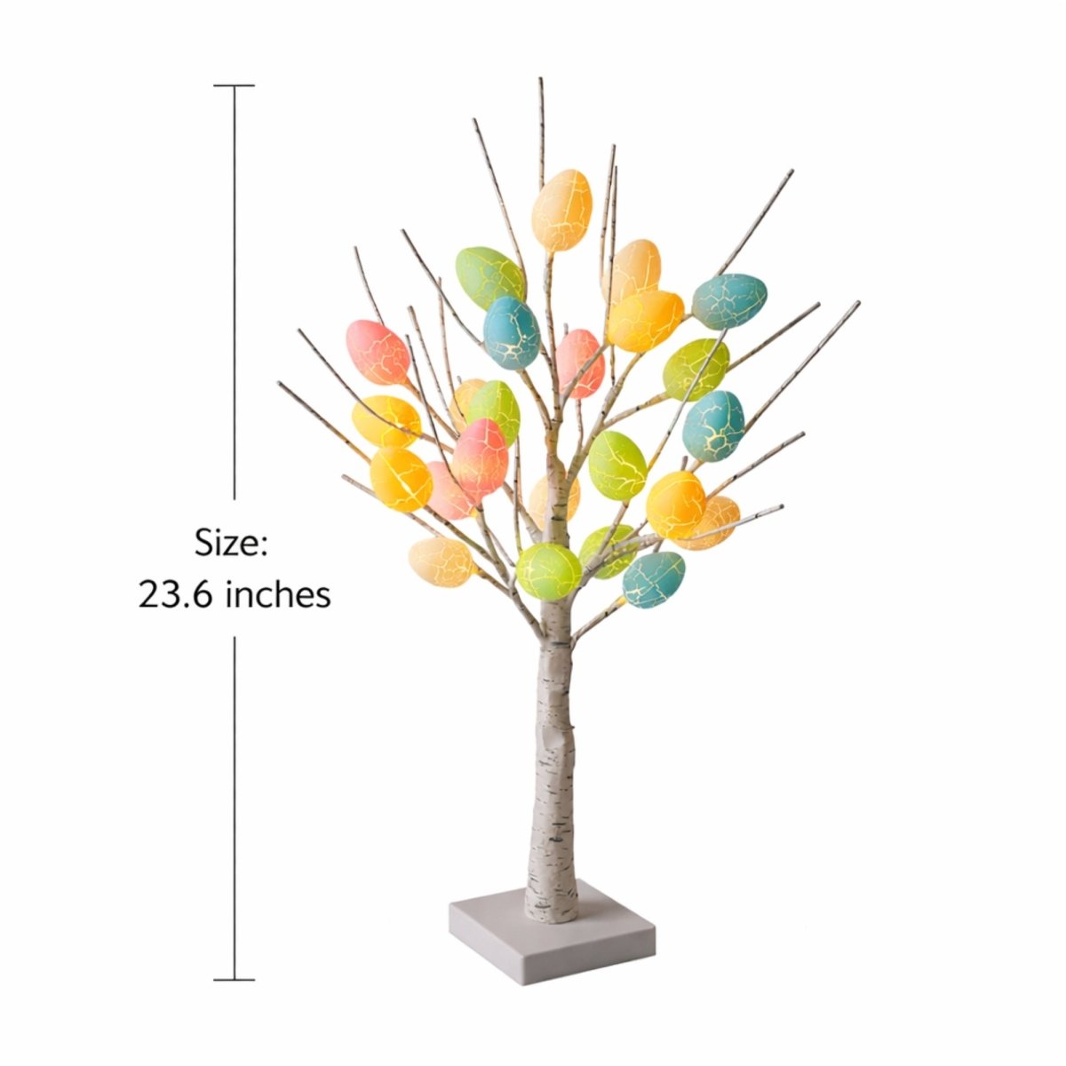 * A product image showing the dimensions of the prelit Easter egg tree, which stands at 23.6 inches tall.