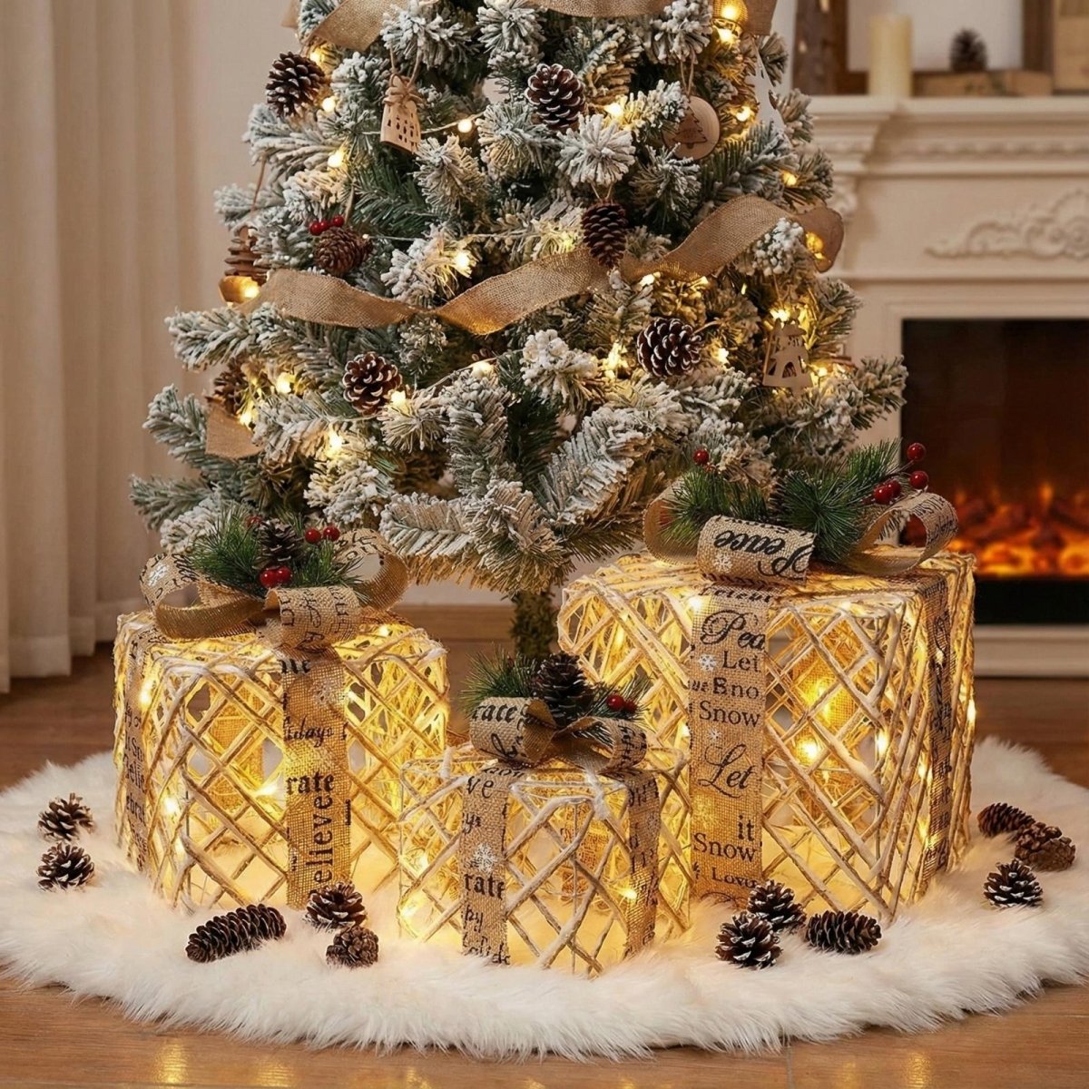 The trio of Kouvr illuminated rattan gift boxes elegantly placed on a white faux fur tree skirt under a beautifully decorated, snow-flocked Christmas tree.