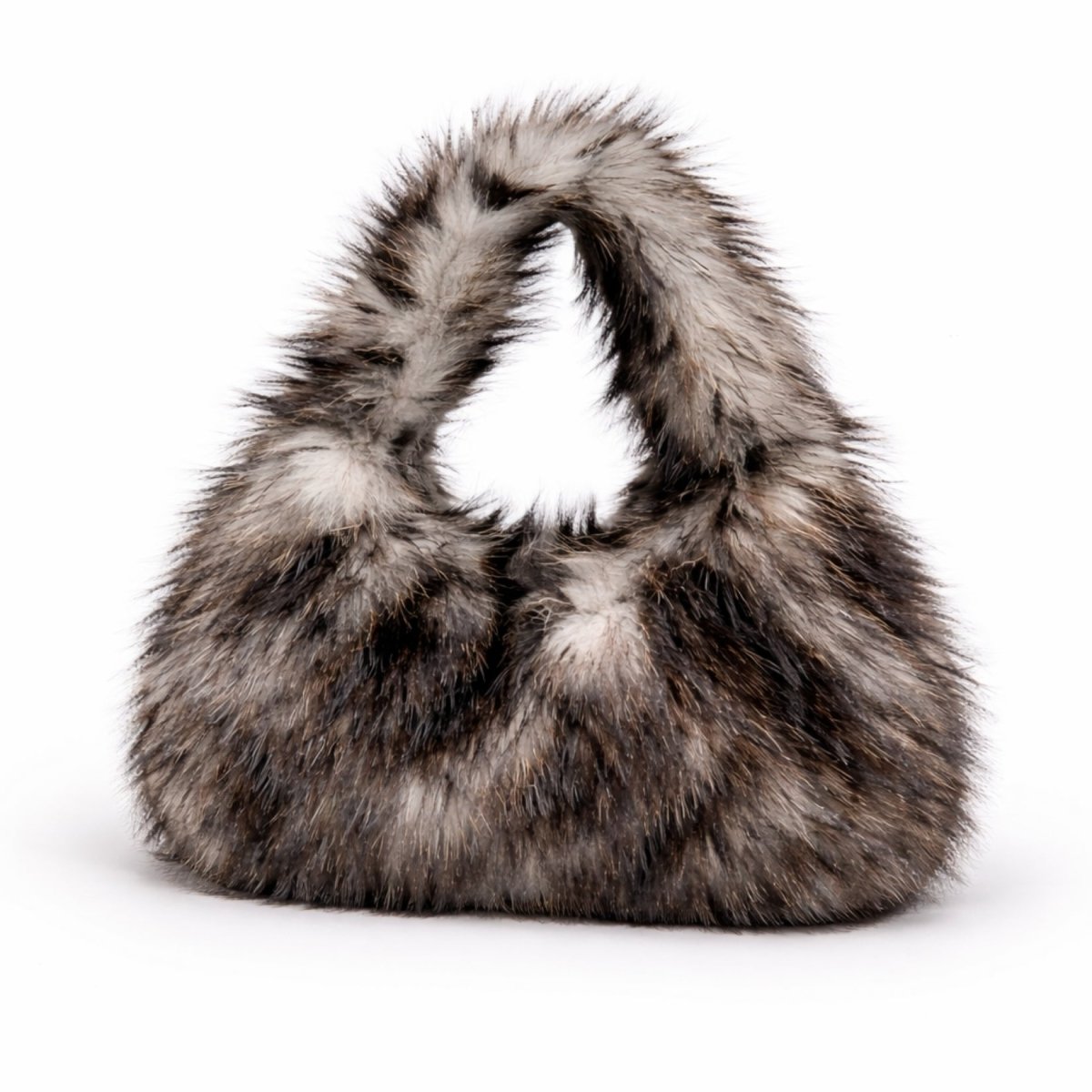 Kouvr Linnea Wolf Faux Fur Hobo Bag with plush grey, white, and black fur on a white background.