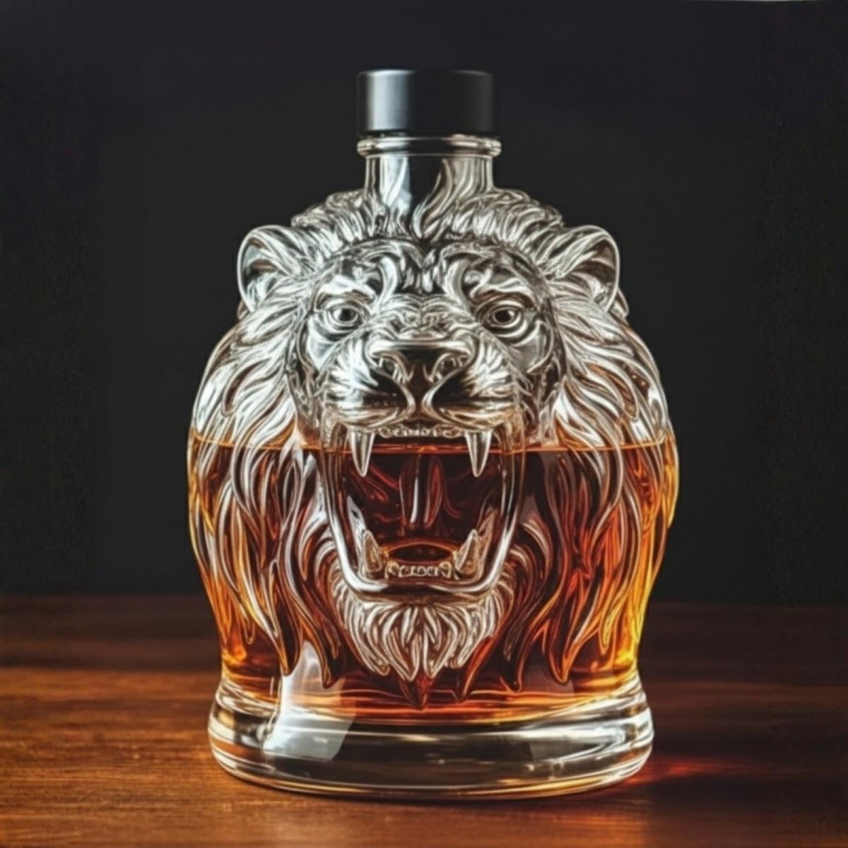 Front view of a majestic lion head whiskey decanter, hand-blown from clear crystal glass, showing the intricate mane and face details.