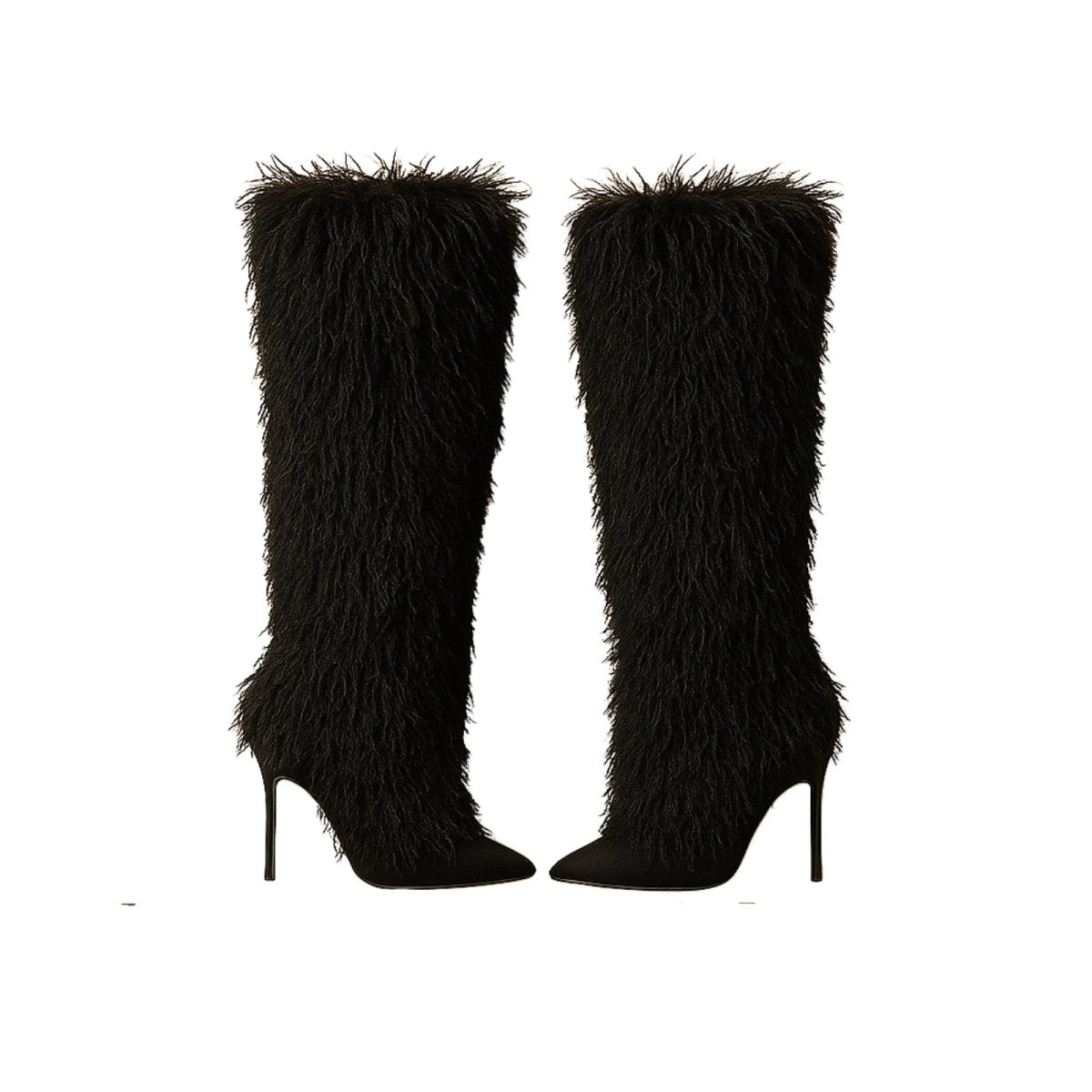 Black furry knee-high boots on a white background