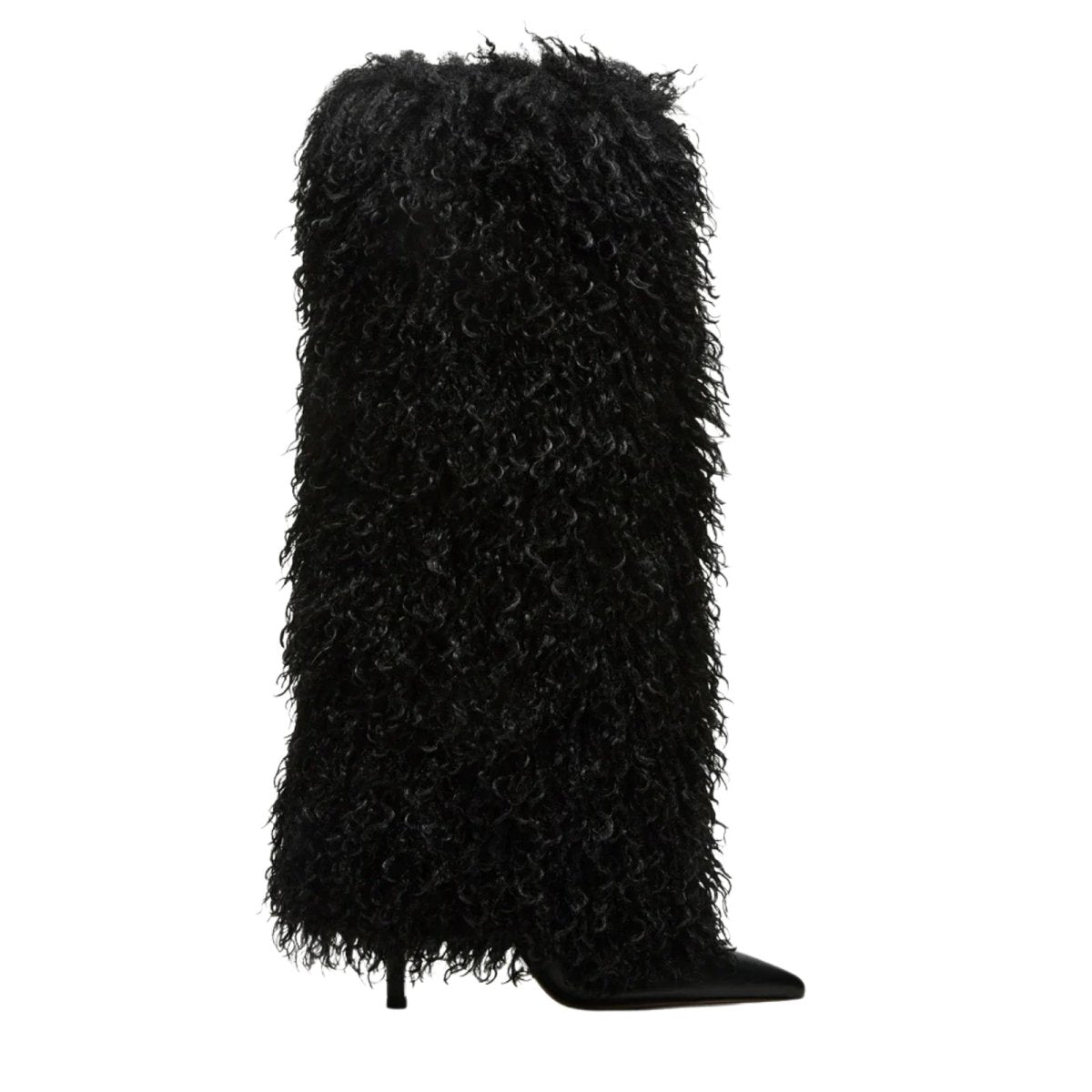 Black kouvr furry knee-high boot on a white background