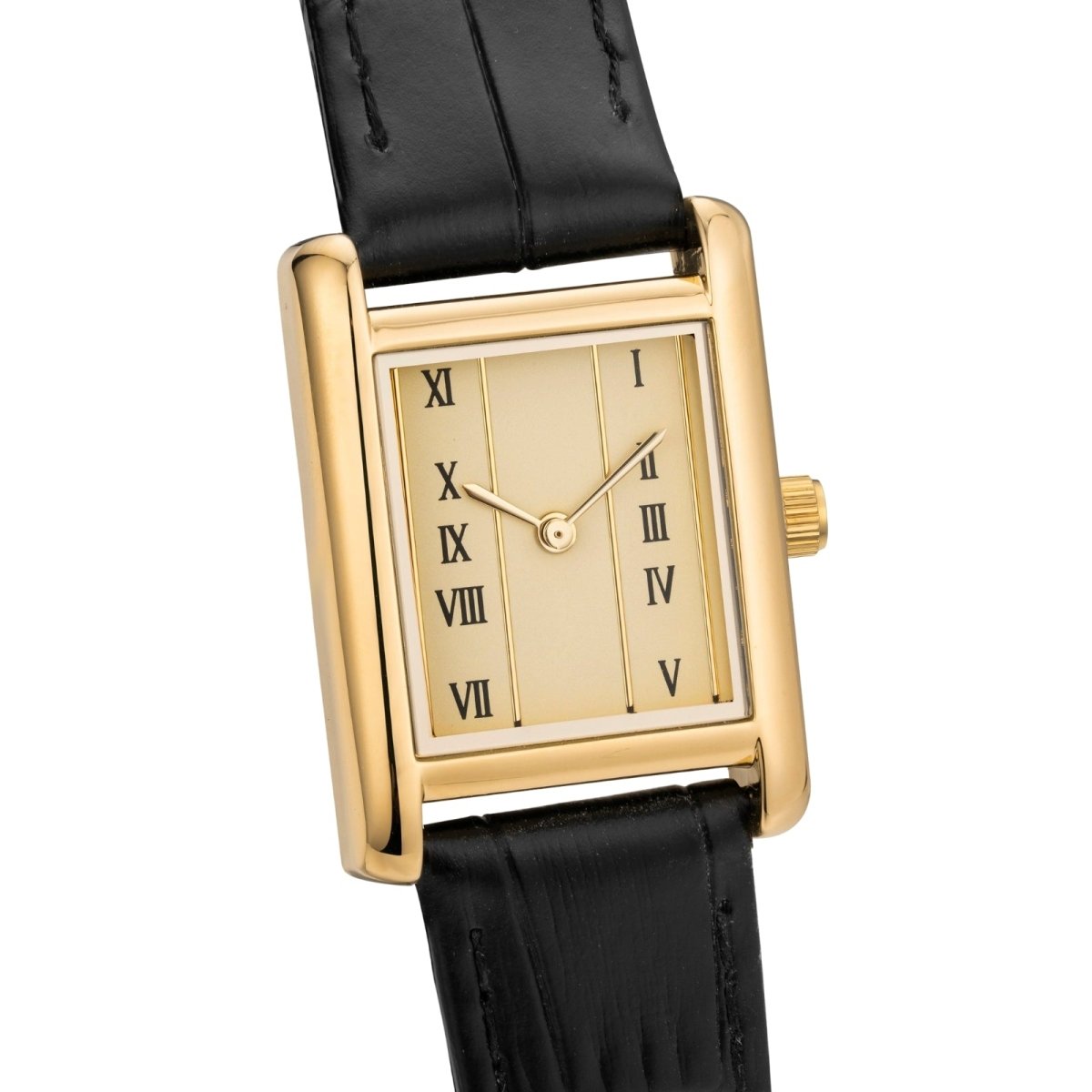 Gold kouvr -framed watch with black leather strap on a white background