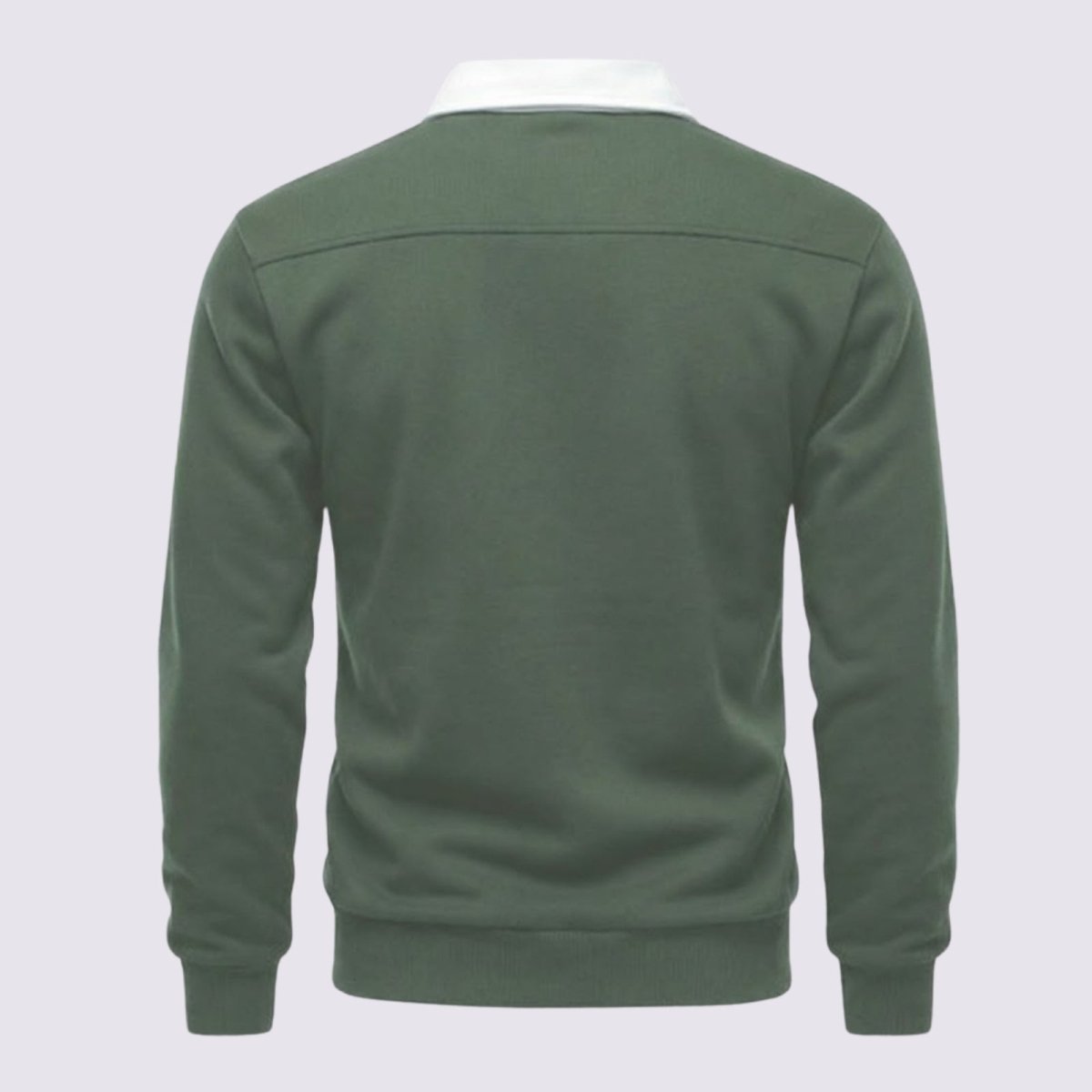 Back product shot of the Kouvr long-sleeve polo in green, showing the back yoke detailing.