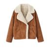 Product shot of a women's brown teddy biker jacket with an off-white sherpa collar, open to show the full lining.