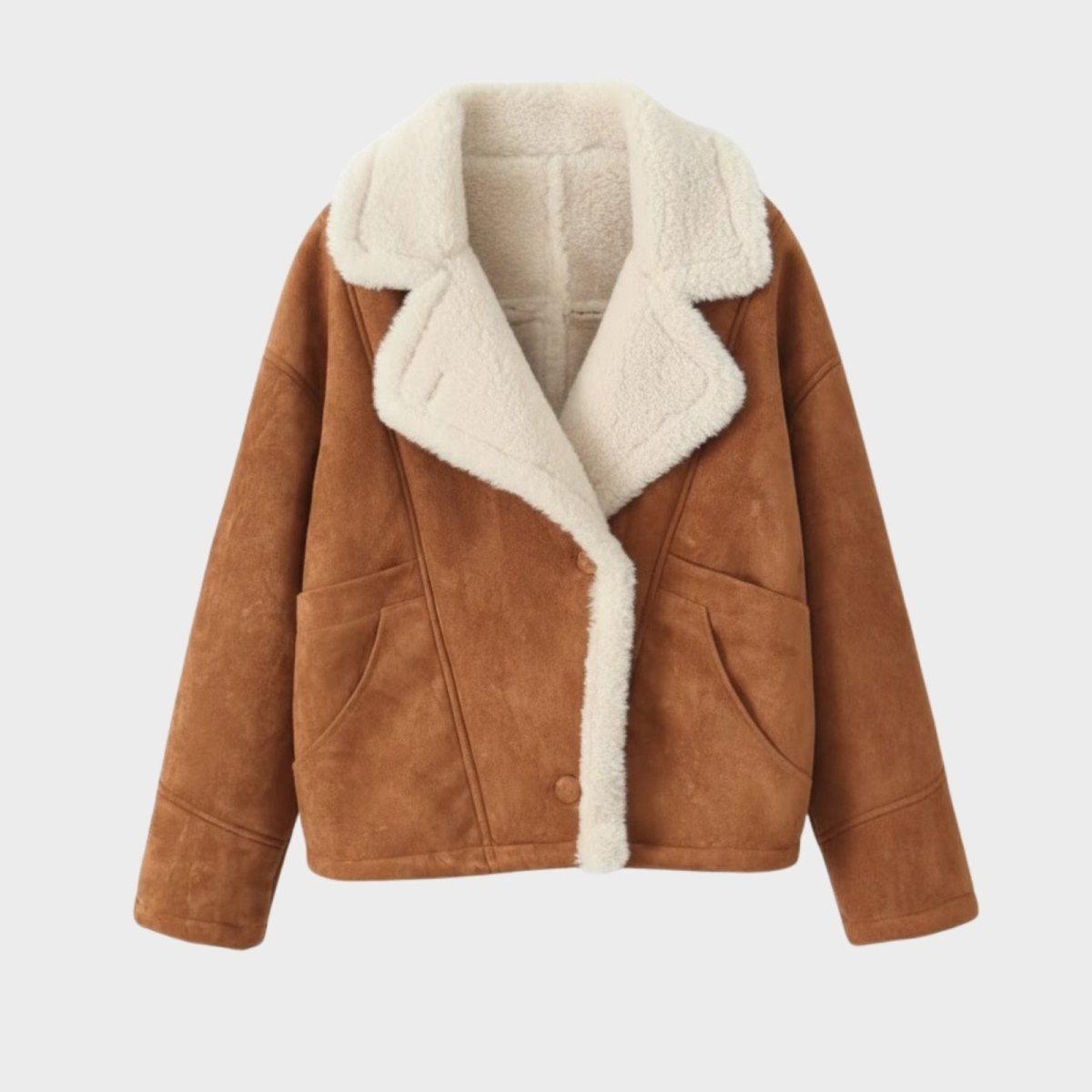 Product shot of a women's brown teddy biker jacket with an off-white sherpa collar, open to show the full lining.