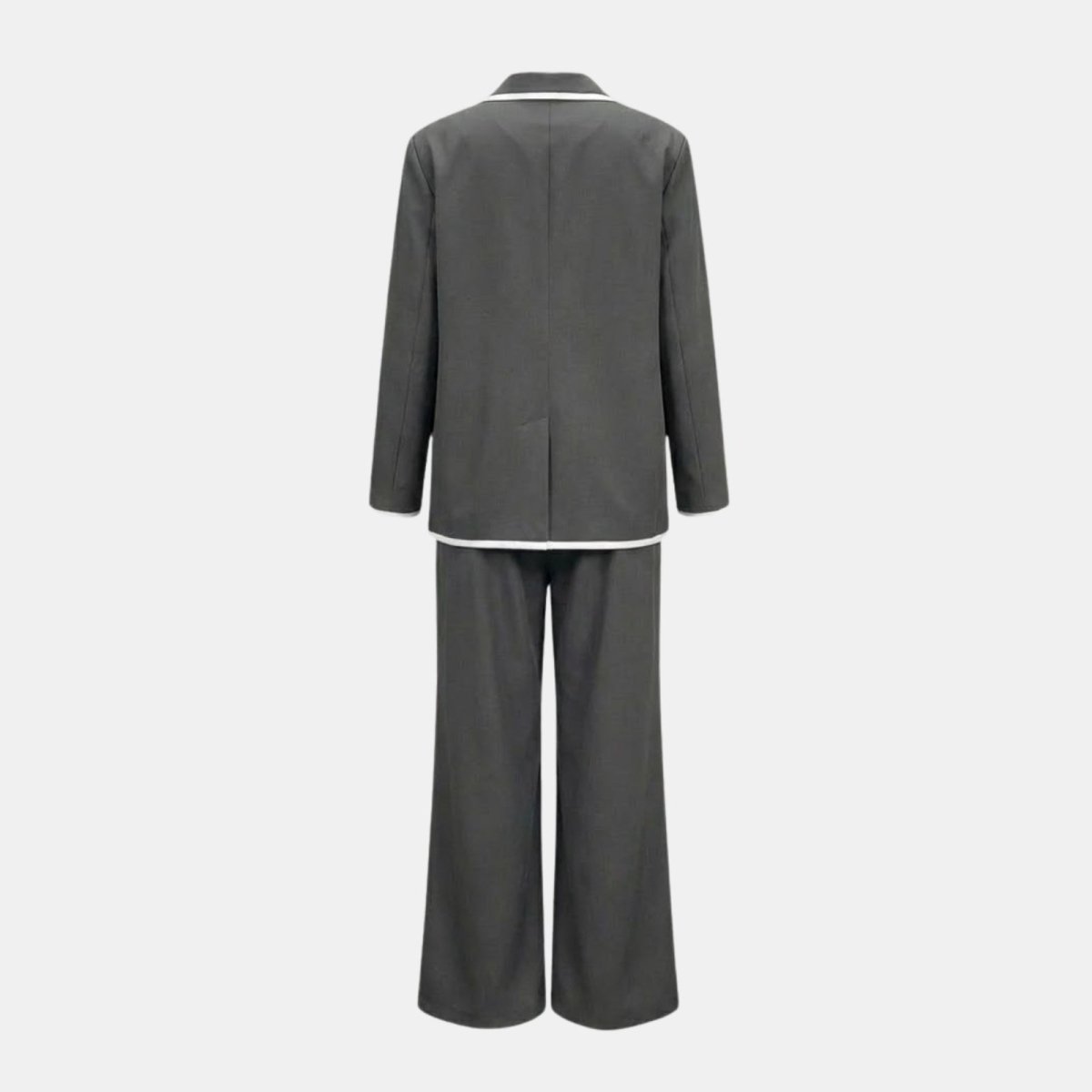 Flatlay product shot showing the back of the Kouvr Lucia Set dark grey blazer and trousers, detailing the construction and tailoring from a rear perspective.