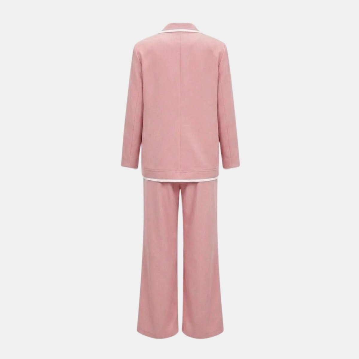 Flat lay of the back of the pink blazer and trousers from the Kouvr Lucia Set pantsuit set, displaying the garment's construction and color.