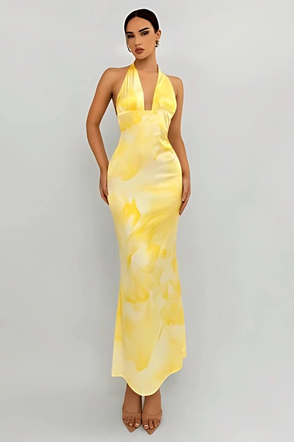 strapless open back dress Yellow Halter Neck Satin Maxi Dress Backless Formal Gown | Long Wedding  Guest & Prom Dress in Lemon Watercolor Print