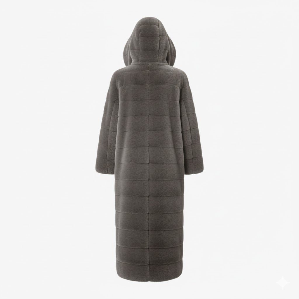 Back view of the grey hooded faux fur coat on a mannequin, showing the full length and panel detailing of the design.