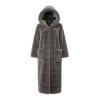 Studio product shot of the grey faux fur coat with its generous hood up, displaying the plush texture and satin lining.