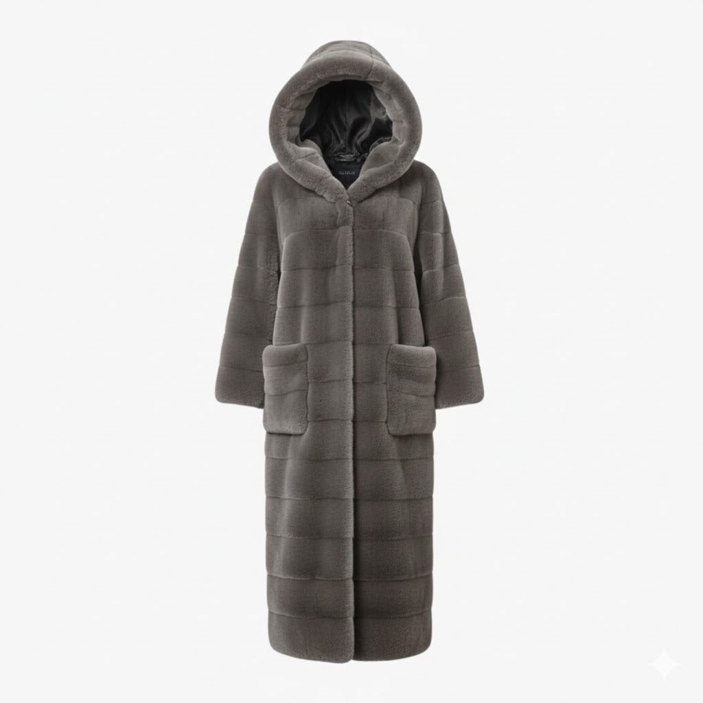 Studio product shot of the grey faux fur coat with its generous hood up, displaying the plush texture and satin lining.