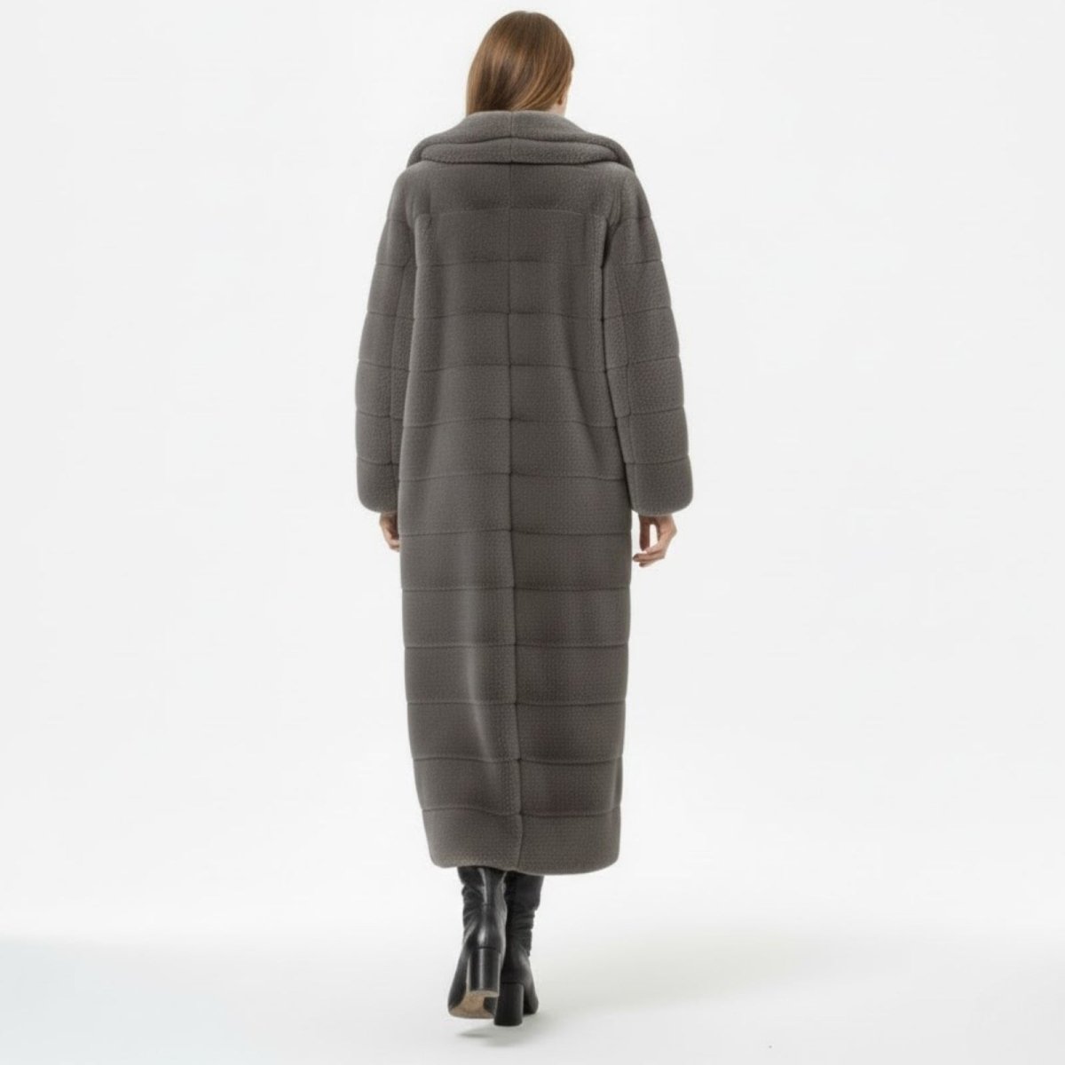 Back view of the Luisa grey maxi coat, highlighting the horizontal panel construction and the shape of the shawl collar.
