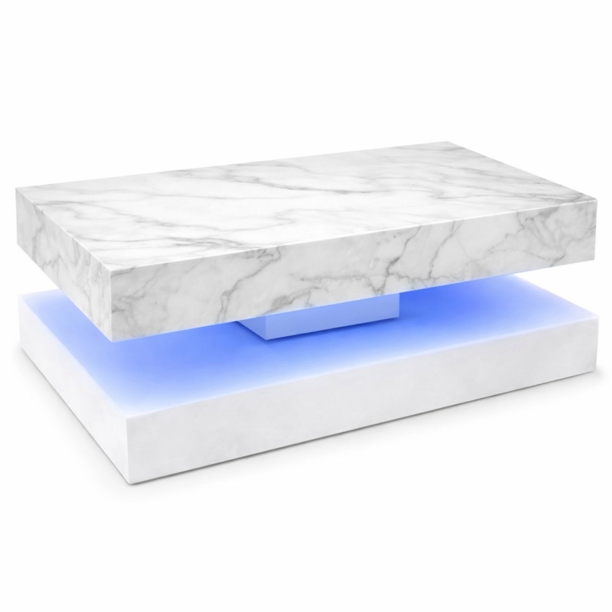 The Kouvr Lumina LED Floating Coffee Table in a white high-gloss marble finish, shown in a modern sunlit living room with blue ambient lighting and storage drawers.