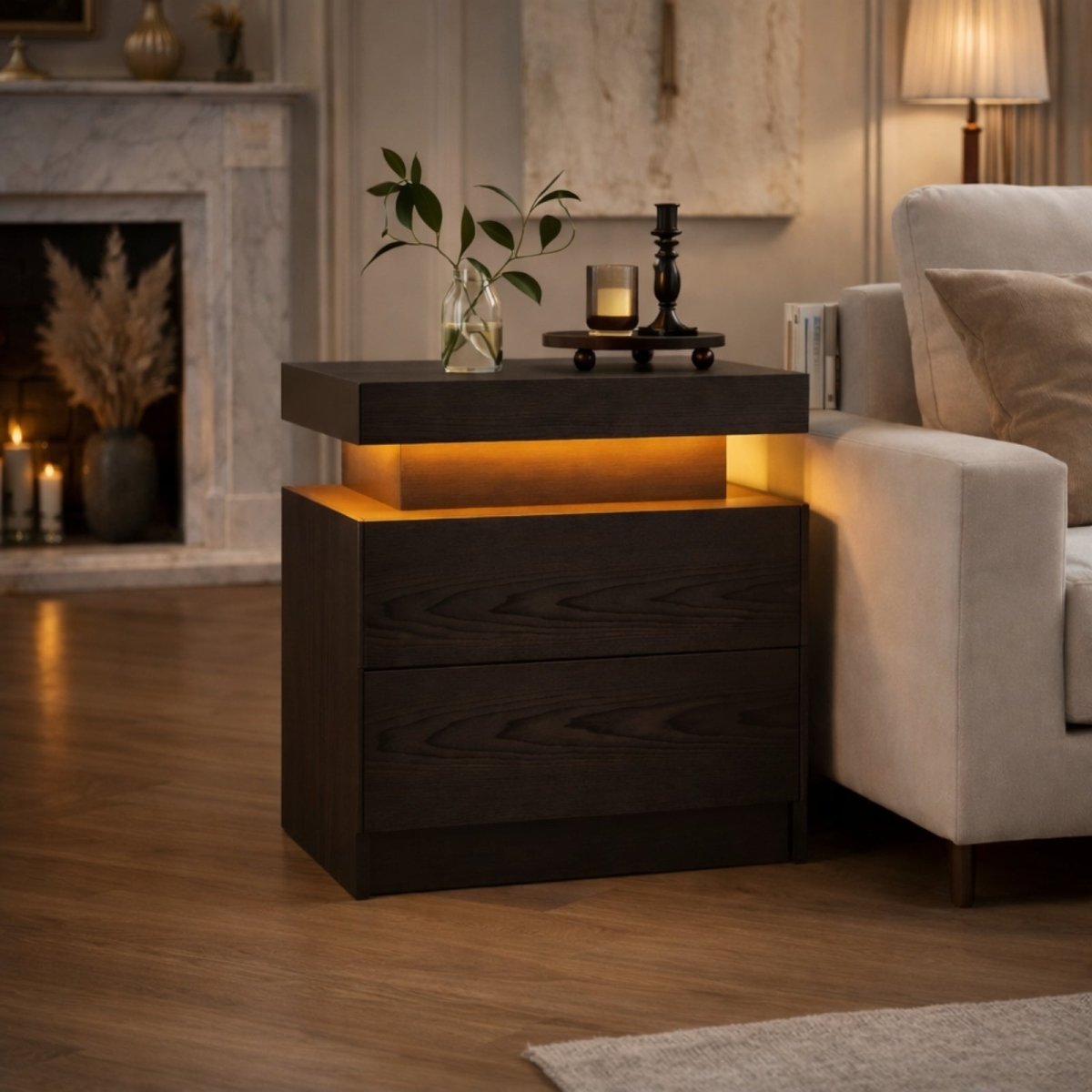 Feature graphic for the Kouvr Lumina nightstand showcasing the 16 RGB color options, remote and app controls, and brightness adjustment.