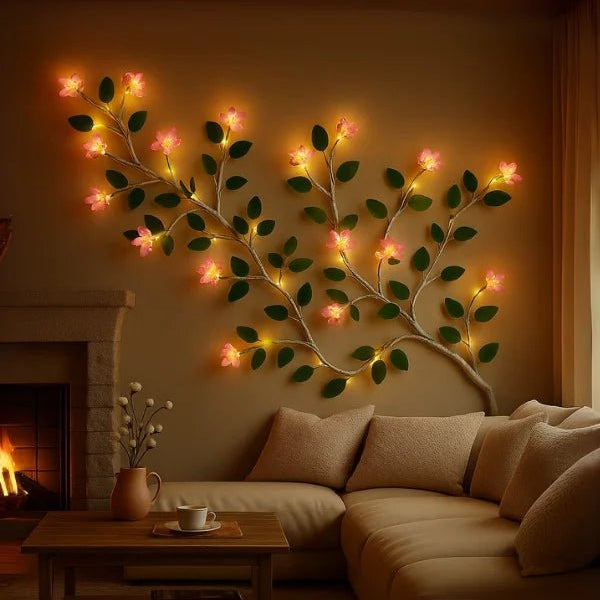 The Kouvr Luminous Floral Branch installed as a large wall art piece above a beige sectional sofa, casting a warm, ambient glow in a modern living room.