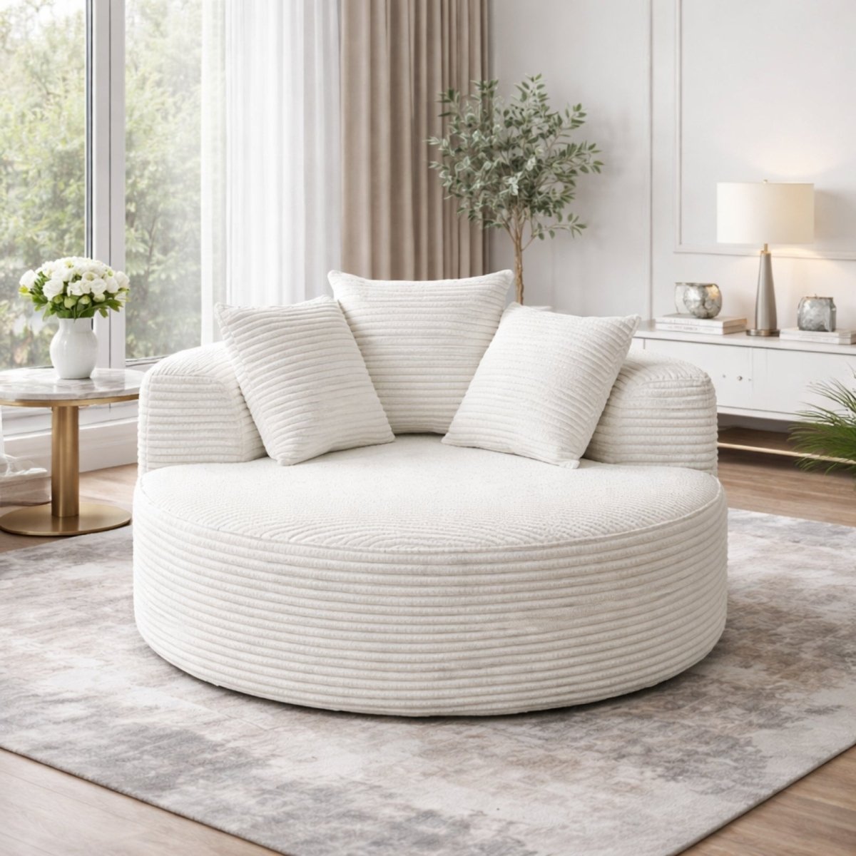 Cream white oversized round swivel chair, textured corduroy fabric, large 50 inch diameter cuddle couch style accent furniture.