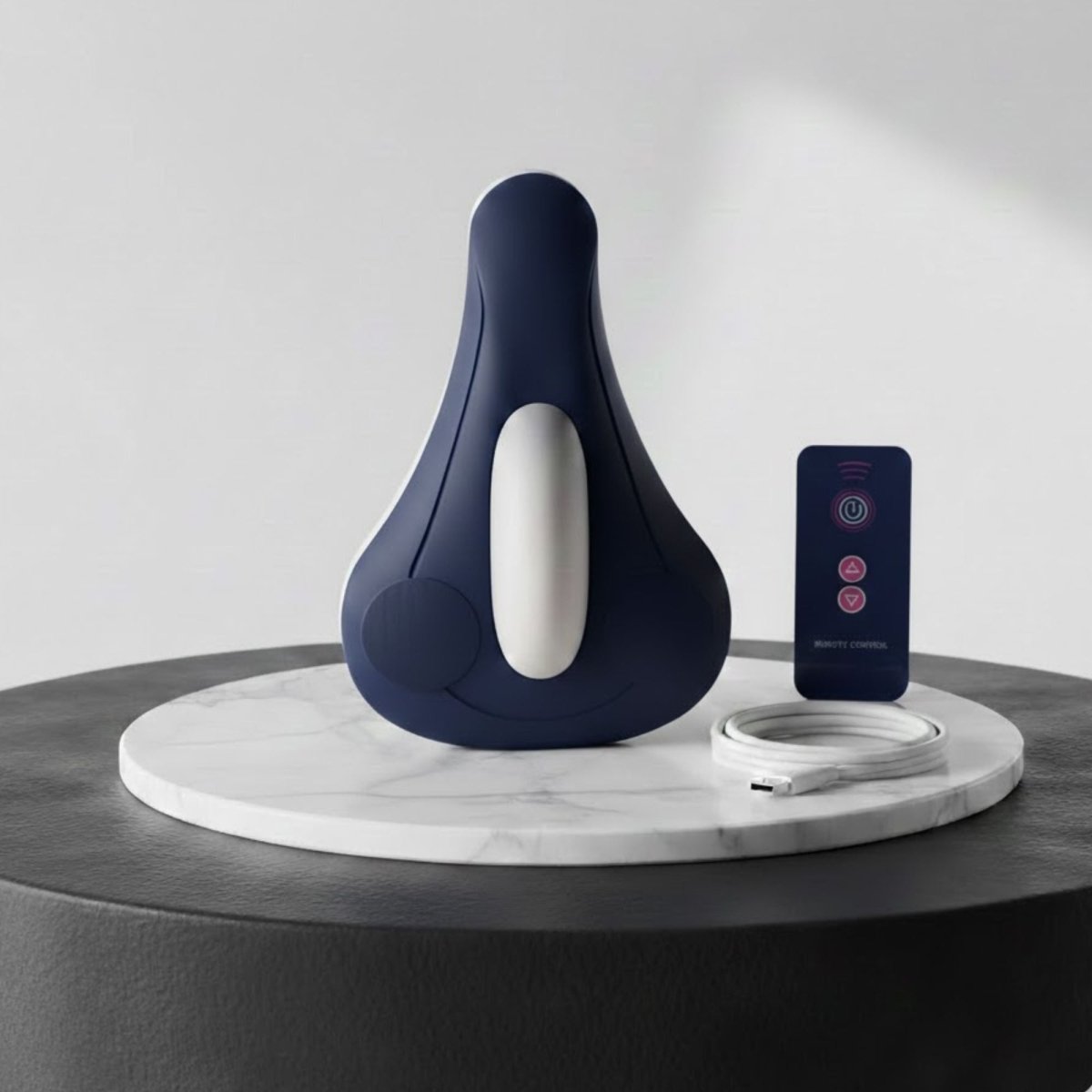 Navy Blue Kouvr Luxe Kegel exerciser with slim wireless remote control for discreet core training.