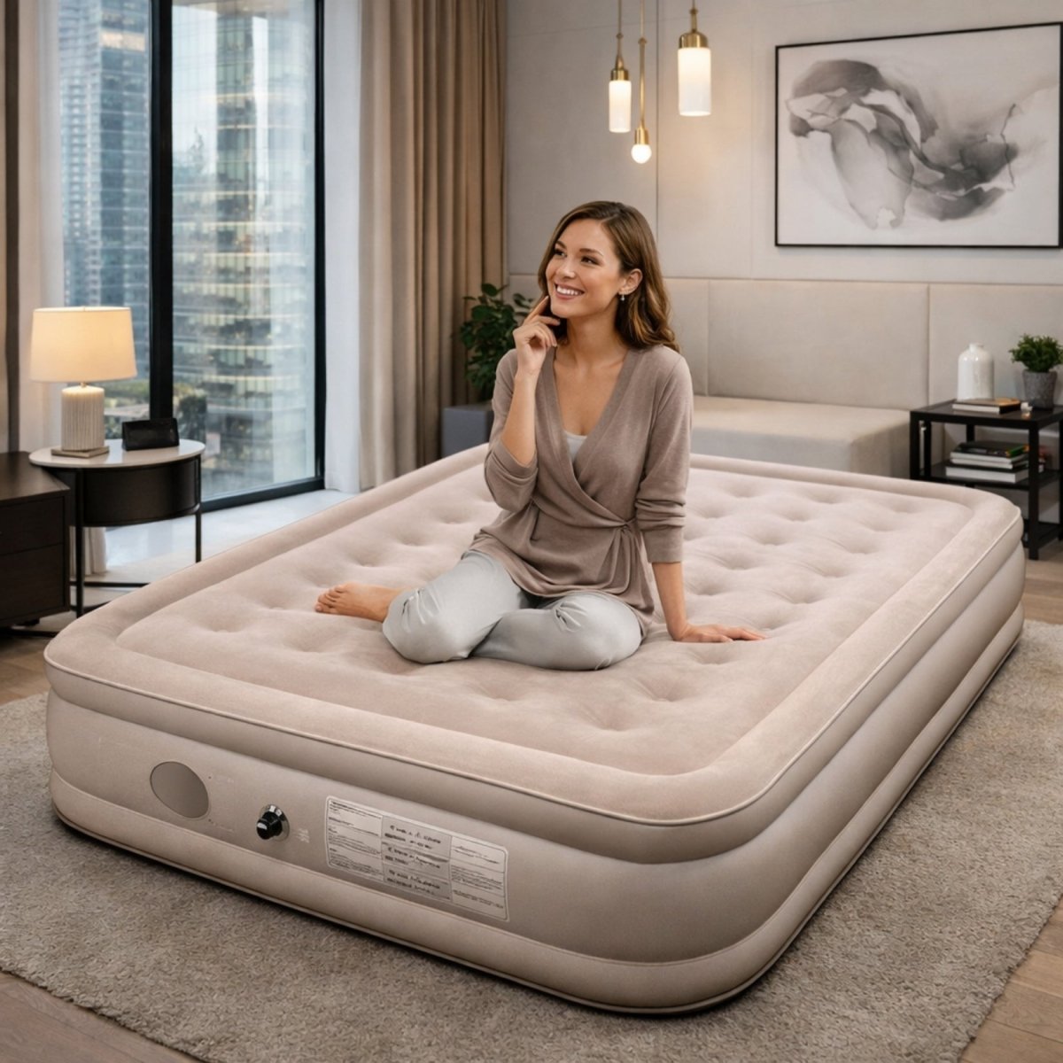 Elegant woman sitting comfortably on the Kouvr luxury queen air mattress in a modern, sunlit apartment living room.