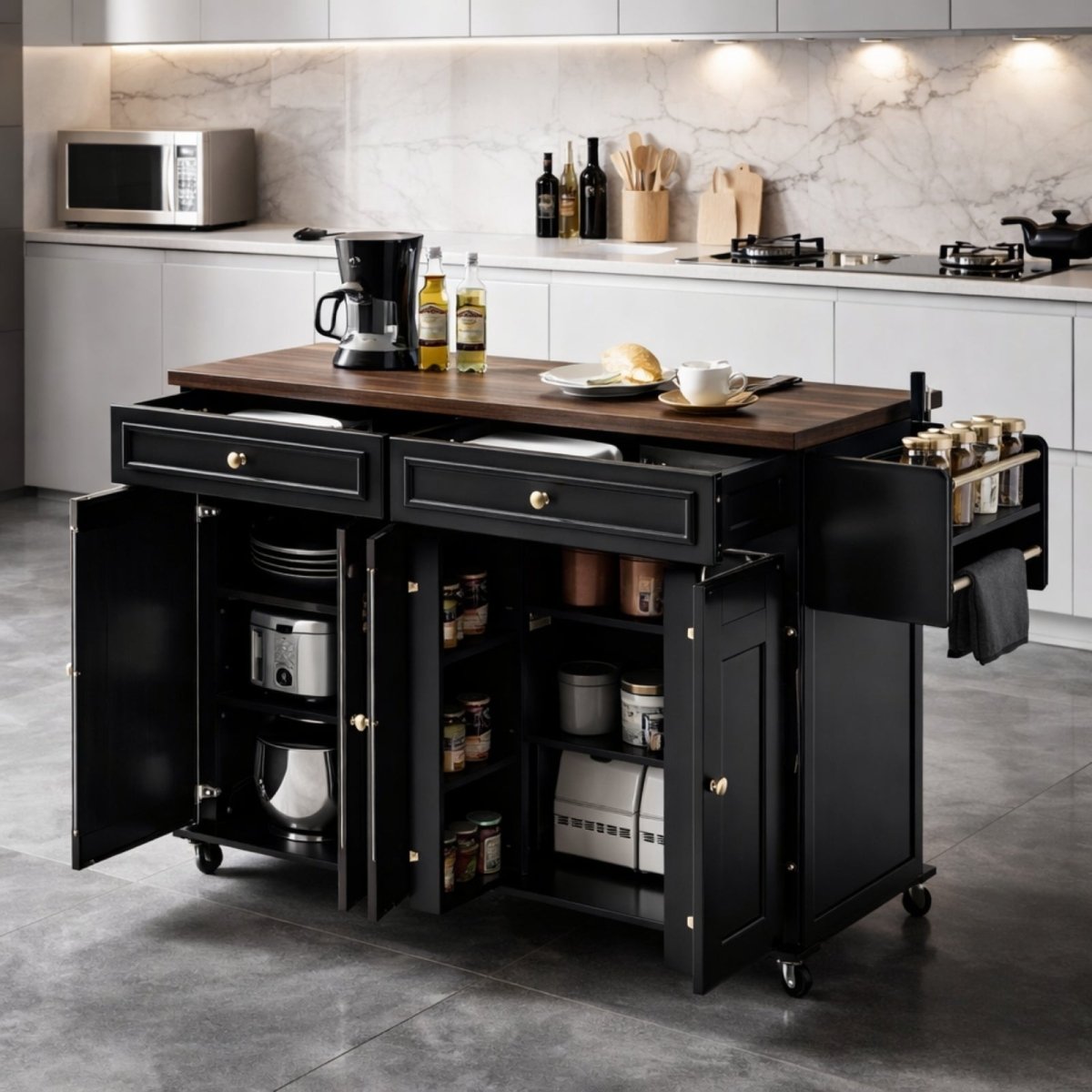 Kouvr black rolling kitchen island featuring dark wood butcher block top, open drawers with silverware, and side storage cabinets suitable for coffee stations.
