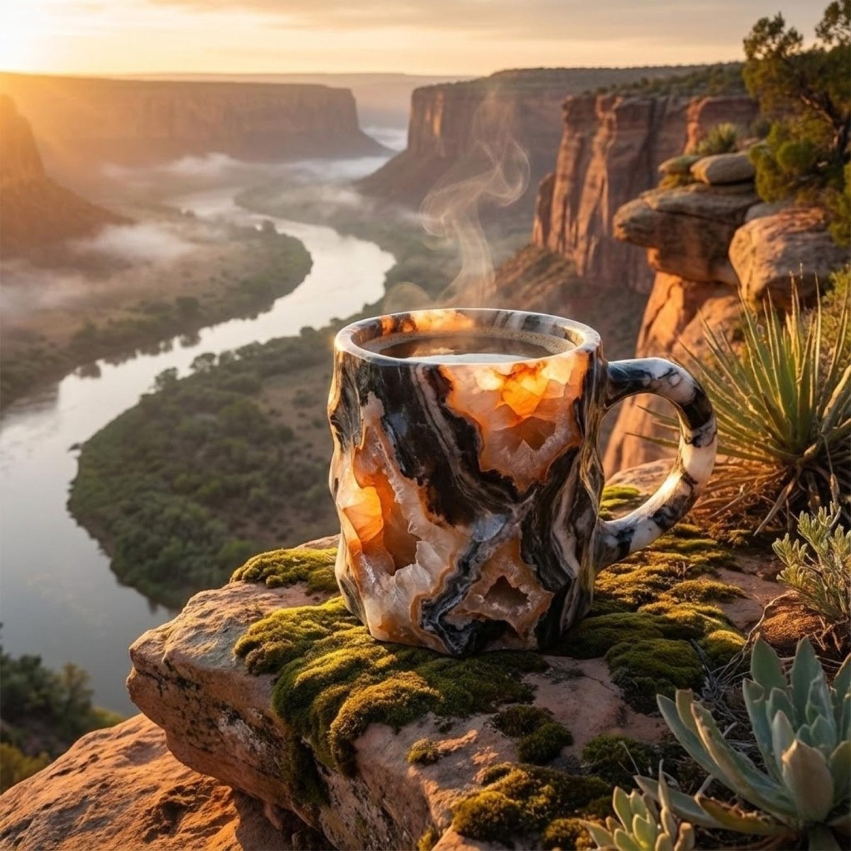 The Kouvr geode luxury coffee mug resting on a mossy rock, overlooking a dramatic canyon and river at sunrise, showcasing its earthy, natural aesthetic.