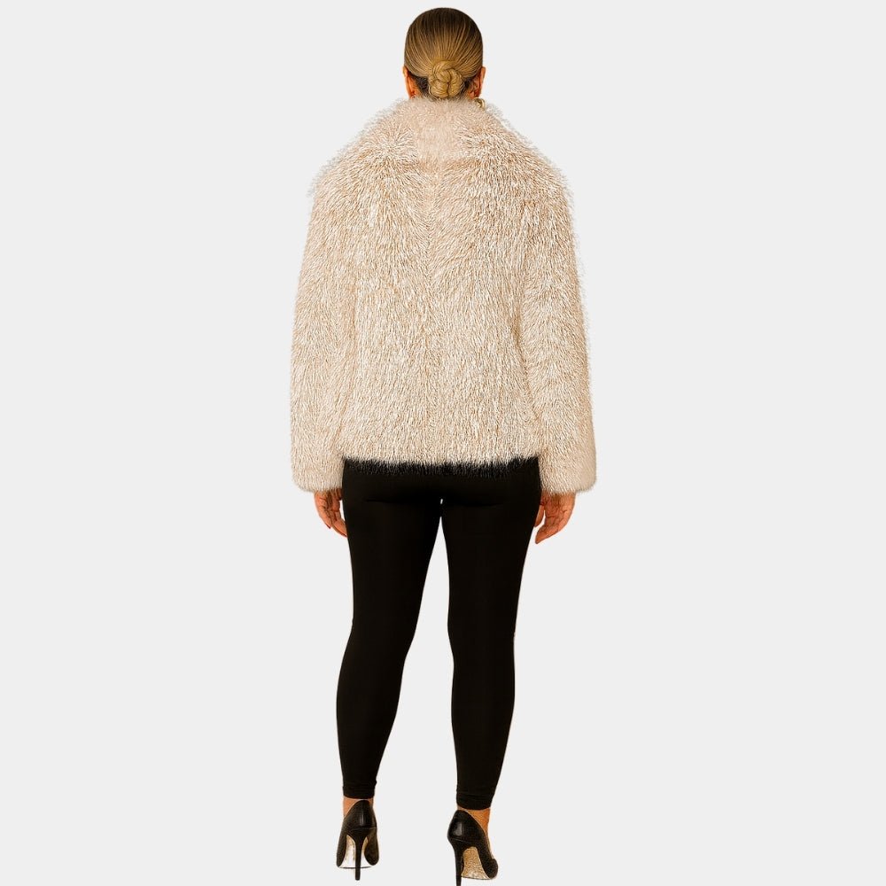 plush statement coat," "eco-friendly luxury outerwear," "winter wedding guest coat," "holiday party jacket," and "cruelty-free fur.