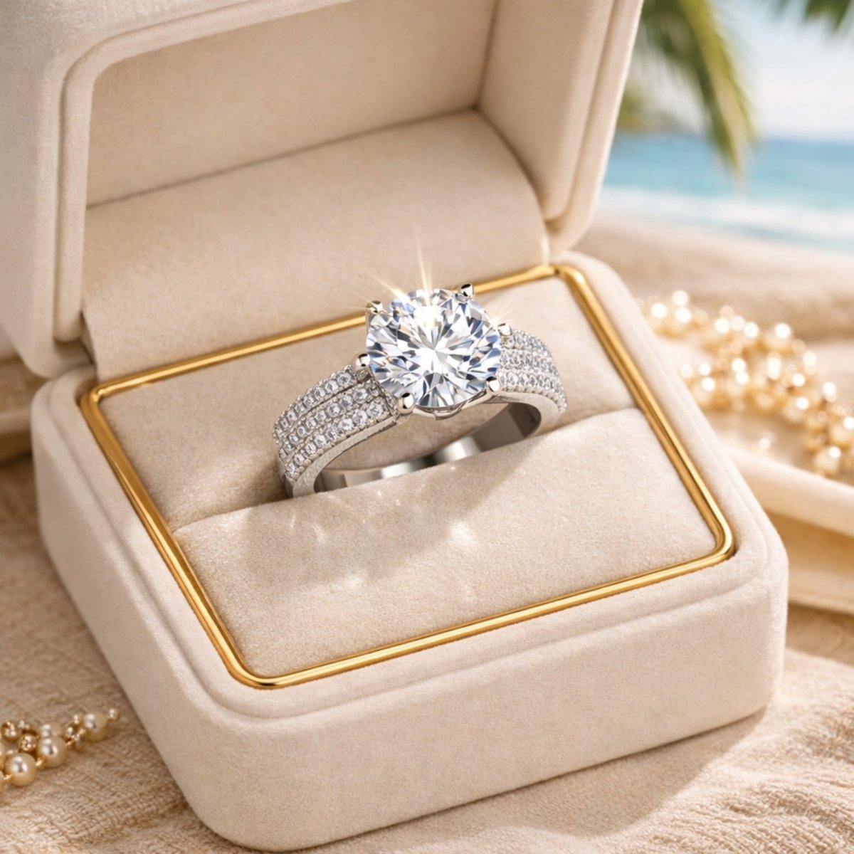 The Kouvr 5 carat solitaire moissanite ring presented in a luxury cream-colored jewelry box, ideal for proposals and anniversary gifts.